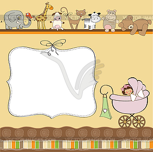 New baby girl announcement card with pram - vector clip art