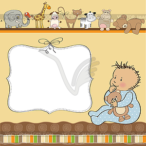 New baby boy announcement card with baby and his toy - vector clipart