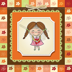 Funny girl with hearts. Doodle cartoon character - vector clipart