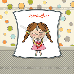 Funny girl with hearts. Doodle cartoon character - color vector clipart