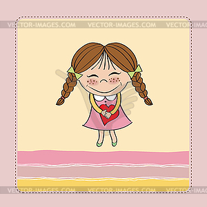 Funny girl with hearts. Doodle cartoon character - vector clipart