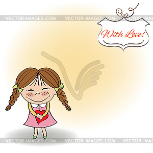 Funny girl with hearts. Doodle cartoon character - vector image