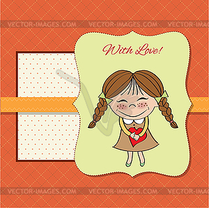Funny girl with hearts. Doodle cartoon character - vector image