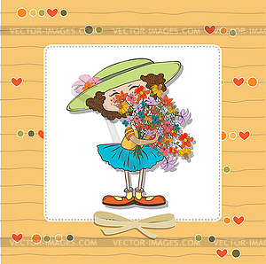 Funny girl with bunch of flowers - vector clipart