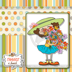 Funny girl with bunch of flowers - vector clip art