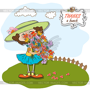 Funny girl with bunch of flowers - vector clipart