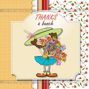 Funny girl with bunch of flowers - color vector clipart