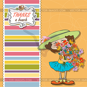 Funny girl with bunch of flowers - vector clip art