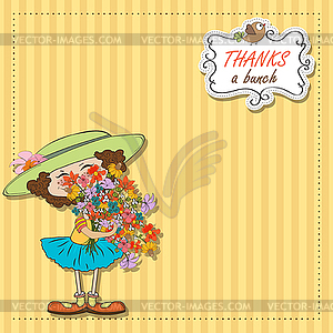 Funny girl with bunch of flowers - vector image