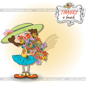 Funny girl with bunch of flowers - vector image