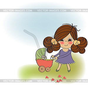 Young lady and pram - vector clip art