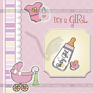 New baby girl announcement card with milk bottle an - vector clip art
