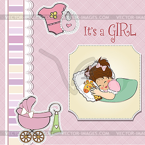 Baby shower card with little girl and her toy - vector clipart