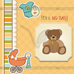 Baby shower card with teddy bear toy - vector clipart