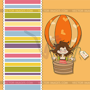 Happy girl flying with balloon flying - color vector clipart