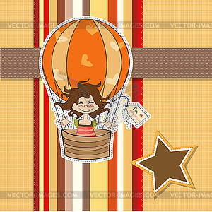 Happy girl flying with balloon flying - vector clipart