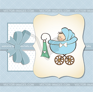 Baby boy announcement card with baby and pram - vector clipart