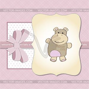 Childish baby girl announcement card with hippo toy - vector image