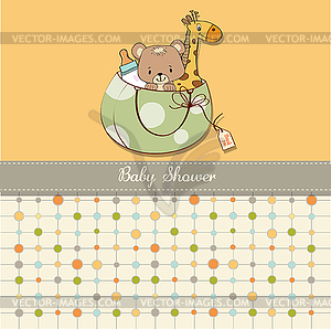 New baby announcement card with bag and same toys - vector EPS clipart