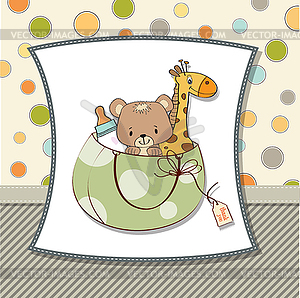 New baby announcement card with bag and same toys - vector clip art