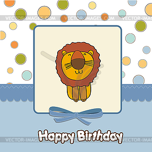 Childish baby shower card with cartoon lion - vector clipart