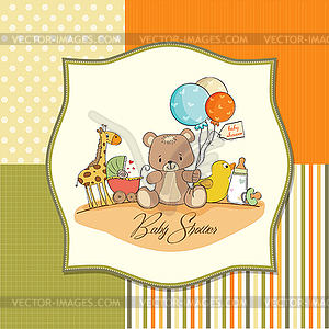 Baby shower card with toys - color vector clipart