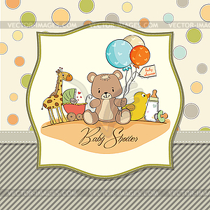 Baby shower card with toys - vector image