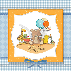 Baby shower card with toys - vector clipart