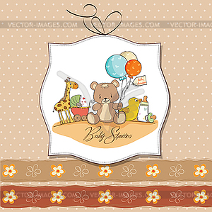 Baby shower card with toys - vector clipart