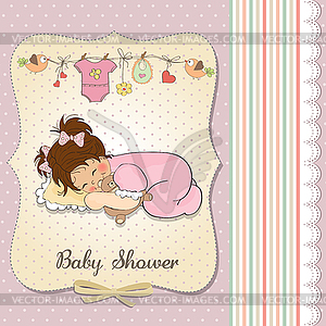 Baby shower card with little baby girl play with he - vector clip art