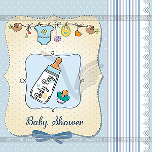 Baby announcement card with milk bottle and pacifier - vector clipart