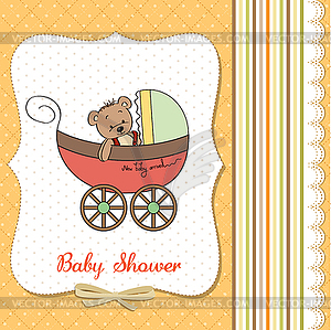 Funny teddy bear in stroller, baby announcement card - royalty-free vector image