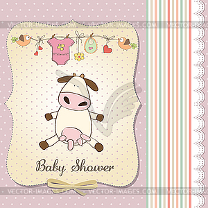 New baby girl announcement card with cow - vector clipart