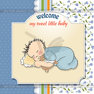 Baby shower card with little baby boy sleep with hi - vector clip art