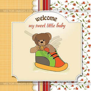 Shower card with teddy bear hidden in shoe - vector image