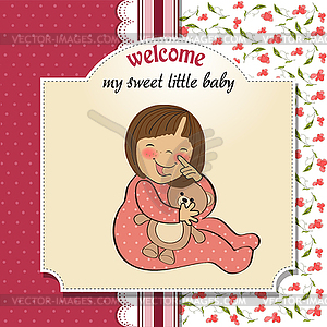 Little baby girl play with her teddy bear toy - vector clipart