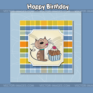 Birthday greeting card with cat waiting to eat cake - vector clipart / vector image