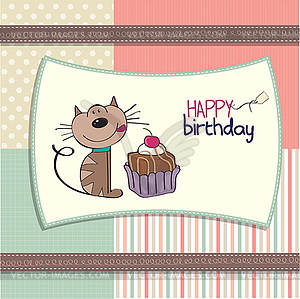 Birthday greeting card with cat waiting to eat cake - vector image