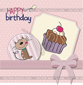 Birthday greeting card with cat waiting to eat cake - vector clipart