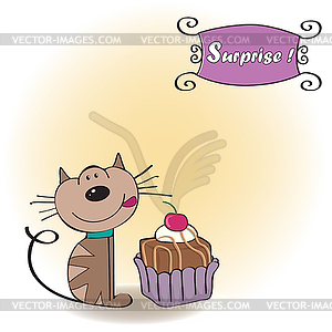 Birthday greeting card with cat waiting to eat cake - vector clip art