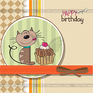 Birthday greeting card with cat waiting to eat cake - vector clipart / vector image