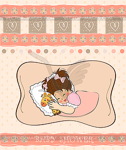 Baby shower card with little girl and her toy - vector clip art