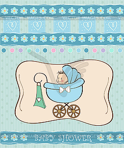 Baby boy announcement card with baby and pram - vector clipart / vector image