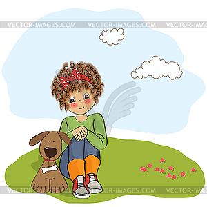 Curly little girl and her dog - vector clipart