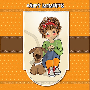 Curly little girl and her dog - vector clipart