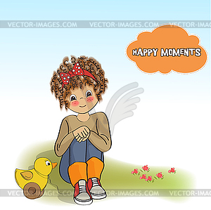 Curly girl play with her duck toy - stock vector clipart