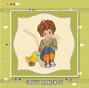 Curly girl play with her duck toy - vector clip art