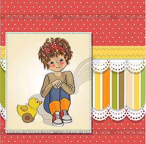 Curly girl play with her duck toy - vector image