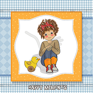 Curly girl play with her duck toy - vector clipart