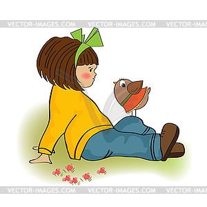 Cute young girl talking to little bird - vector clipart